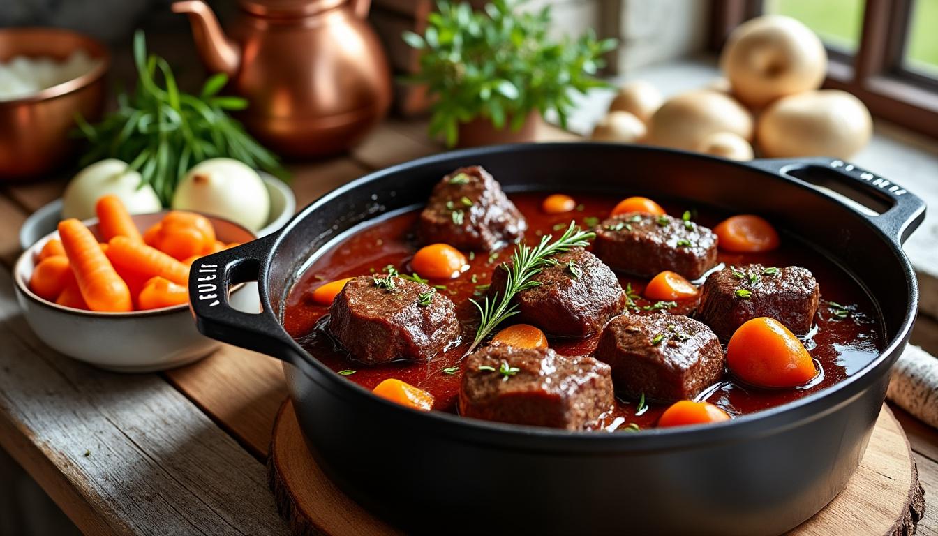 découvrez la recette traditionnelle de grand-mère pour un bœuf bourguignon authentique et savoureux, mijoté lentement pour des saveurs riches et délicieuses.