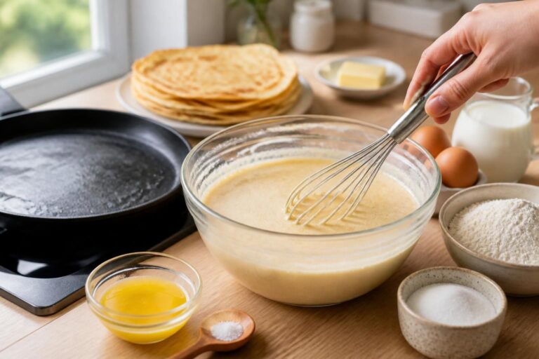 découvrez notre recette classique de pâte à crêpe, accompagnée d'astuces simples pour réussir des crêpes légères et savoureuses à chaque fois.
